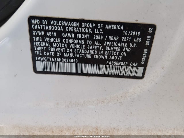 44885703 :رقم المزاد ، 1VWGT7A38HC024660 vin ، 2017 Volkswagen Passat 1.8t Se مزاد بيع