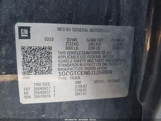 Auction sale of the 2018 Chevrolet Colorado Lt, vin: 1GCGTCEN0J1256999, lot number: 44885706