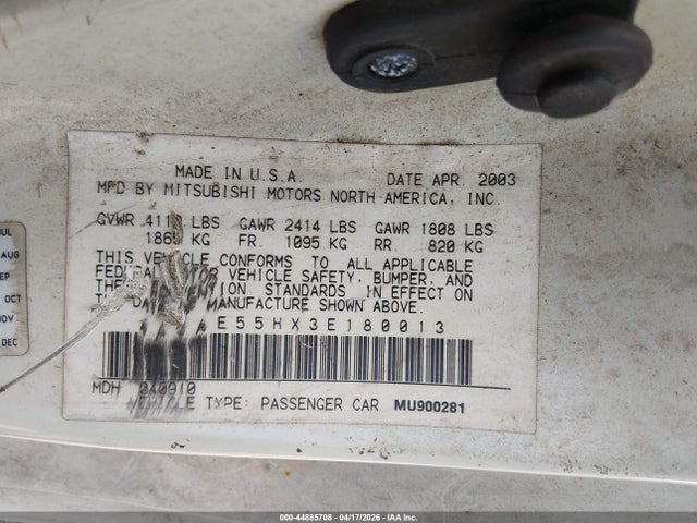 44885708 :رقم المزاد ، 4A3AE55HX3E180013 vin ، 2003 Mitsubishi Eclipse Spyder Gt مزاد بيع
