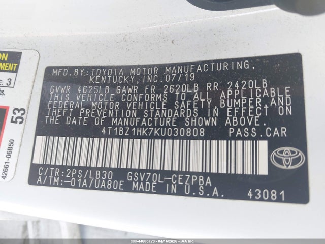 2019 Toyota Camry Xse V6 მანქანა იყიდება აუქციონზე, vin: 4T1BZ1HK7KU030808, აუქციონის ნომერი: 44885720
