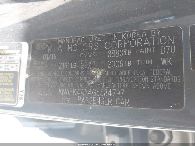 44885723 :رقم المزاد ، KNAFK4A64G5584797 vin ، 2016 Kia Forte Lx مزاد بيع