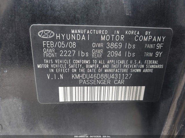 2008 HYUNDAI ELANTRA KMHDU46D88U431127 Photo 8