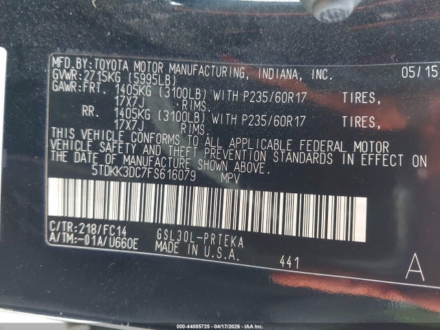 5TDKK3DC7FS616079 Toyota Sienna Le 8 Passenger