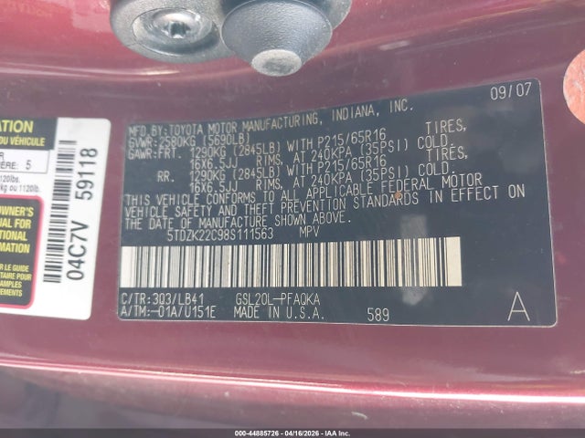 Продаж на аукціоні авто 2008 Toyota Sienna Xle, vin: 5TDZK22C98S111563, номер лоту: 44885726