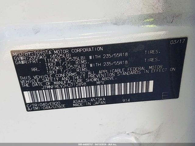 JTMNFREV2HJ712898 Toyota RAV4 SE