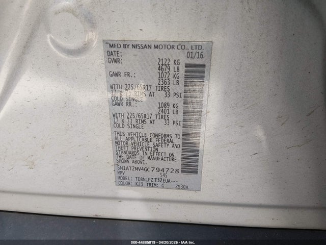5N1AT2MV4GC794728 Nissan Rogue S/sl/sv
