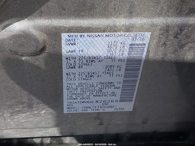 Продажа на аукционе авто 2016 Nissan Rogue Sv, vin: 5N1AT2MV6GC826269, номер лота: 44885822
