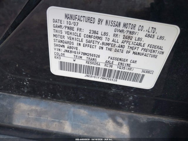 Aukcja sprzedaży 2008 Infiniti G35x, vin: JNKBV61F78M256526, numer aukcji: 44885839
