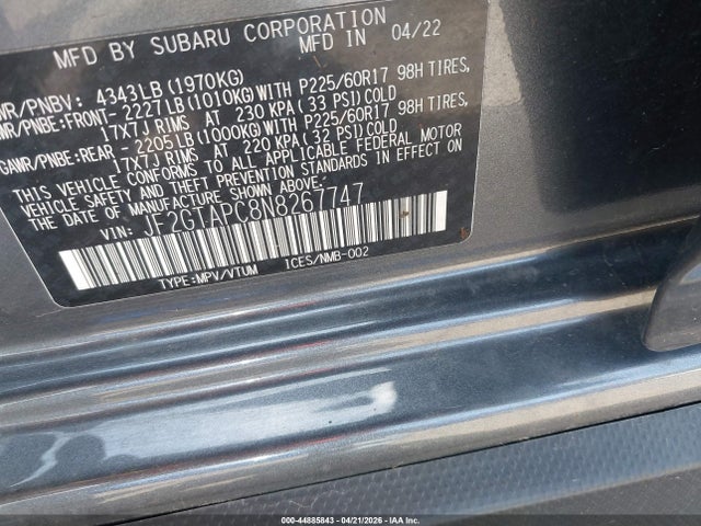 44885843 :رقم المزاد ، JF2GTAPC8N8267747 vin ، 2022 Subaru Crosstrek Premium مزاد بيع