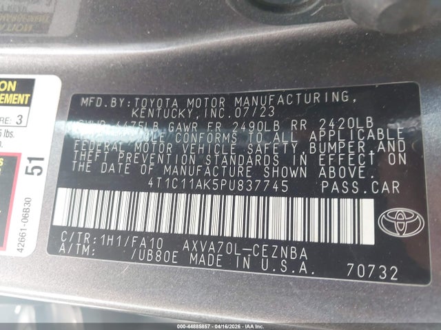 2023 Toyota Camry Le მანქანა იყიდება აუქციონზე, vin: 4T1C11AK5PU837745, აუქციონის ნომერი: 44885857