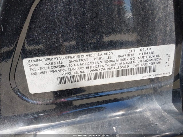 Продаж на аукціоні авто 2010 Volkswagen Jetta Limited Edition, vin: 3VWAX7AJ4AM126986, номер лоту: 44885863