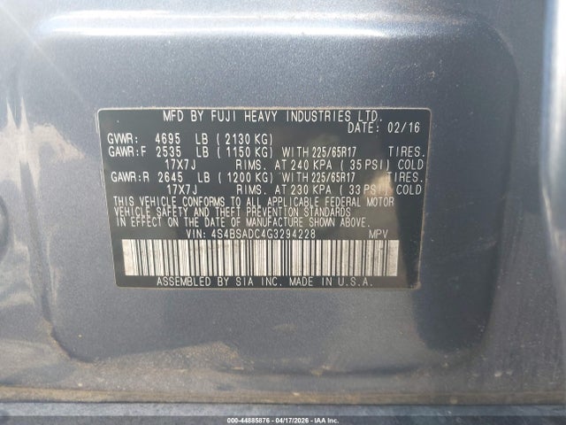Продажа на аукционе авто 2016 Subaru Outback 2.5i Premium, vin: 4S4BSADC4G3294228, номер лота: 44885876