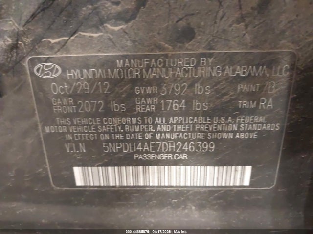 44885879 :رقم المزاد ، 5NPDH4AE7DH246399 vin ، 2013 Hyundai Elantra Gls مزاد بيع