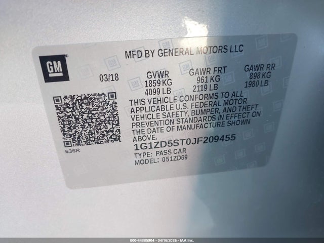 Aukcja sprzedaży 2018 Chevrolet Malibu Lt, vin: 1G1ZD5ST0JF209455, numer aukcji: 44885904