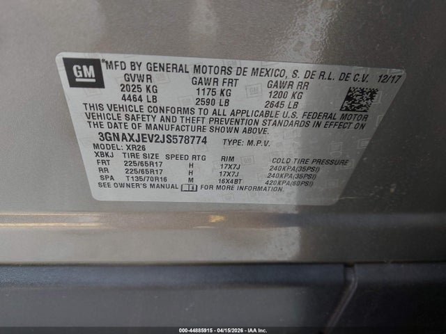 44885915 :رقم المزاد ، 3GNAXJEV2JS578774 vin ، 2018 Chevrolet Equinox Lt مزاد بيع