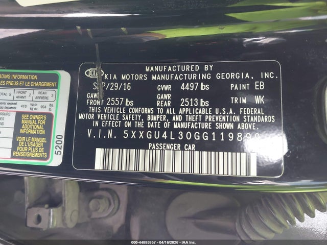 Aukcja sprzedaży 2016 Kia Optima Ex, vin: 5XXGU4L30GG119899, numer aukcji: 44885957