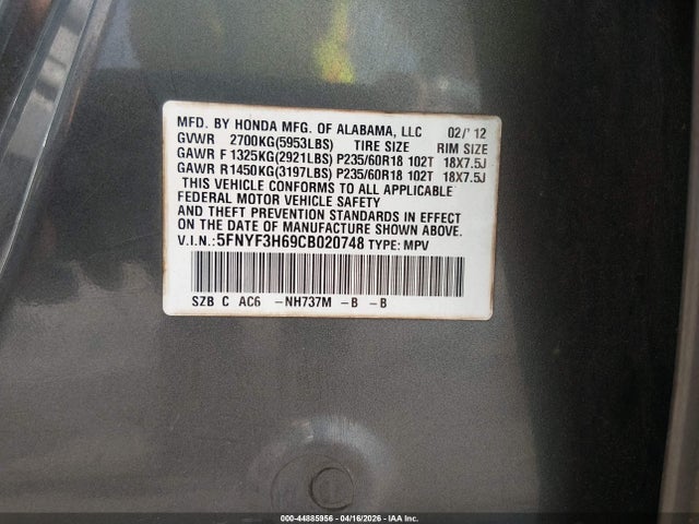 44885956 :رقم المزاد ، 5FNYF3H69CB020748 vin ، 2012 Honda Pilot Ex-l مزاد بيع