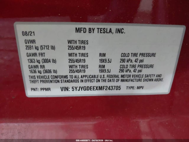 Продаж на аукціоні авто 2021 Tesla Model Y Long Range Dual Motor All-wheel Drive, vin: 5YJYGDEEXMF243705, номер лоту: 44885971