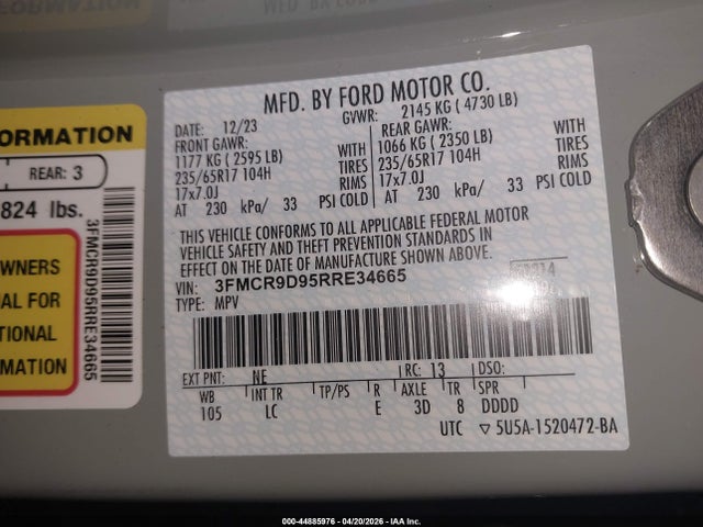 44885976 :رقم المزاد ، 3FMCR9D95RRE34665 vin ، 2024 Ford Bronco Sport Badlands مزاد بيع