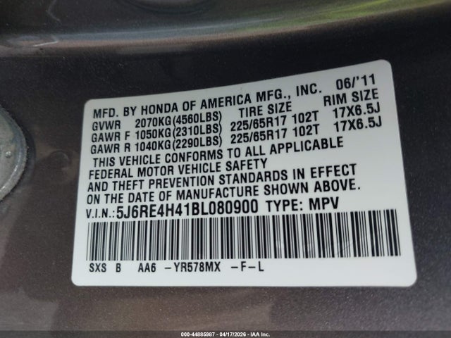 44885987 :رقم المزاد ، 5J6RE4H41BL080900 vin ، 2011 Honda Cr-v Se مزاد بيع