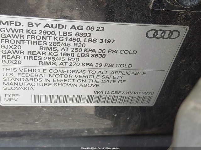 Aukcja sprzedaży 2023 Audi Q7 Premium Plus 45 Tfsi Quattro Tiptronic, vin: WA1LCBF73PD026870, numer aukcji: 44885994