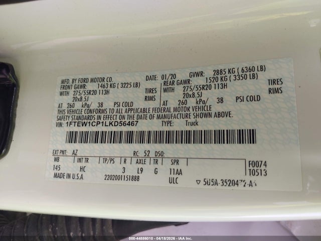 2020 Ford F-150 Lariat მანქანა იყიდება აუქციონზე, vin: 1FTEW1CP1LKD56467, აუქციონის ნომერი: 44886010