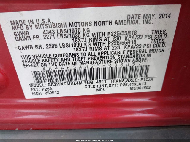 Продаж на аукціоні авто 2014 Mitsubishi Outlander Sport Es, vin: 4A4AP3AU3EE030857, номер лоту: 44886014
