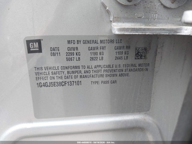 Продажа на аукционе авто 2012 Buick Lacrosse Touring Group, vin: 1G4GJ5E38CF137101, номер лота: 44886018