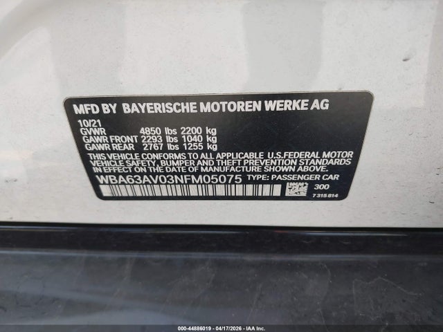 Aukcja sprzedaży 2022 Bmw 430i Gran Coupe, vin: WBA63AV03NFM05075, numer aukcji: 44886019