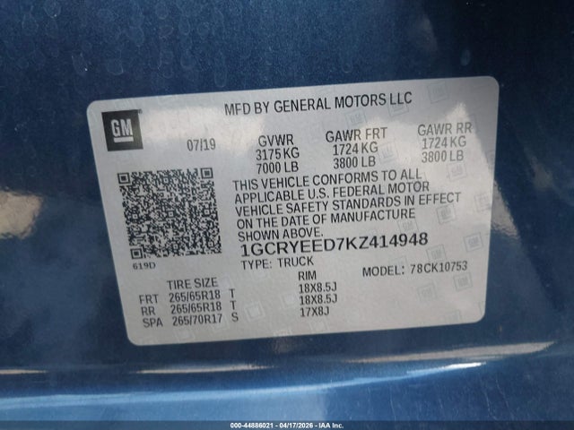 Aukcja sprzedaży 2019 Chevrolet Silverado 1500 Rst, vin: 1GCRYEED7KZ414948, numer aukcji: 44886021