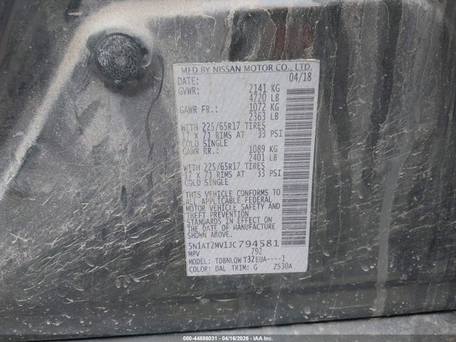 2018 Nissan Rogue Sv მანქანა იყიდება აუქციონზე, vin: 5N1AT2MV1JC794581, აუქციონის ნომერი: 44886031