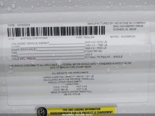 44886033 :رقم المزاد ، 4YDTSGL2XS7101955 vin ، 2025 Salem Springdale مزاد بيع