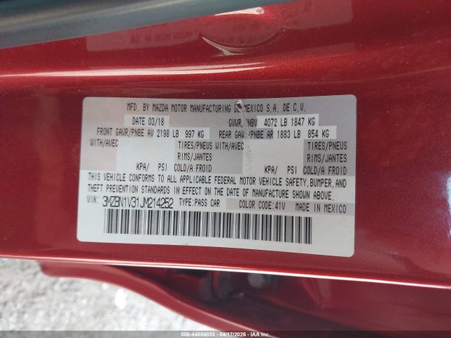 Продаж на аукціоні авто 2018 Mazda Mazda3 Touring, vin: 3MZBN1V31JM214252, номер лоту: 44886035
