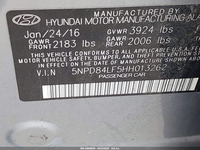 2017 Hyundai Elantra Limited მანქანა იყიდება აუქციონზე, vin: 5NPD84LF5HH013262, აუქციონის ნომერი: 44886040