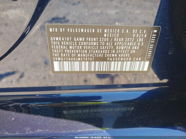 44886042 :رقم المزاد ، 3VWG17AU9JM278767 vin ، 2018 Volkswagen Golf Tsi S/tsi Se مزاد بيع