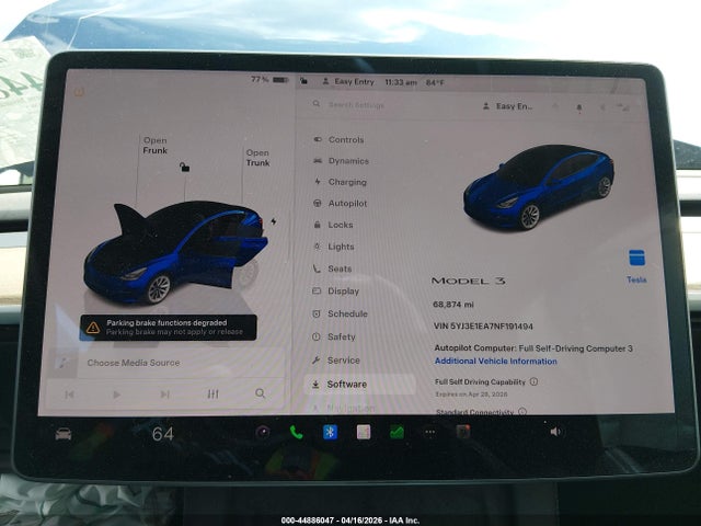 44886047 :رقم المزاد ، 5YJ3E1EA7NF191494 vin ، 2022 Tesla Model 3 Rear-wheel Drive مزاد بيع