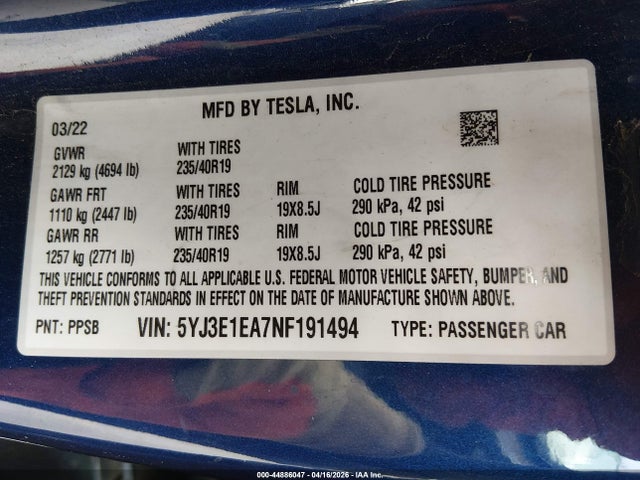 44886047 :رقم المزاد ، 5YJ3E1EA7NF191494 vin ، 2022 Tesla Model 3 Rear-wheel Drive مزاد بيع