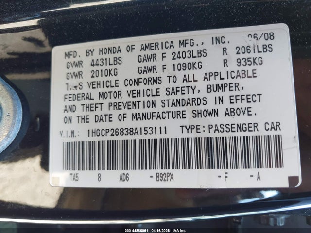 44886061 :رقم المزاد ، 1HGCP26838A153111 vin ، 2008 Honda Accord 2.4 Ex-l مزاد بيع