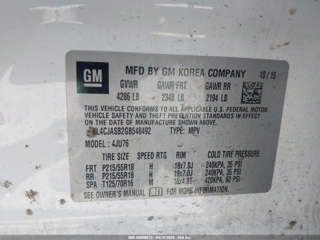 2016 Buick Encore მანქანა იყიდება აუქციონზე, vin: KL4CJASB2GB548492, აუქციონის ნომერი: 44886073