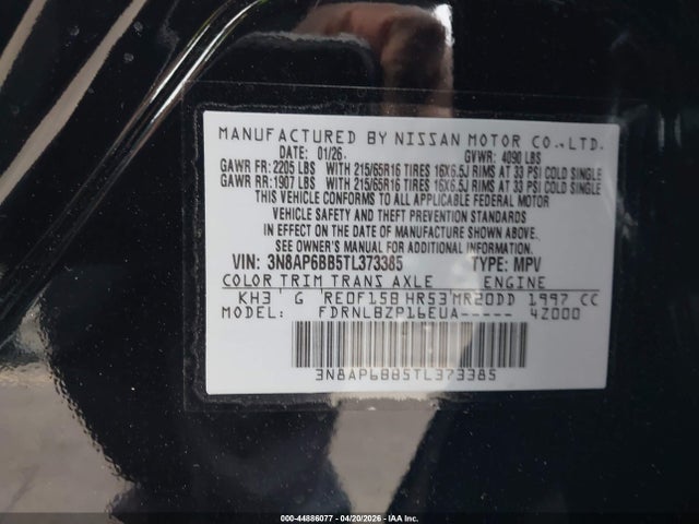 44886077 :رقم المزاد ، 3N8AP6BB5TL373385 vin ، 2026 Nissan Kicks S مزاد بيع