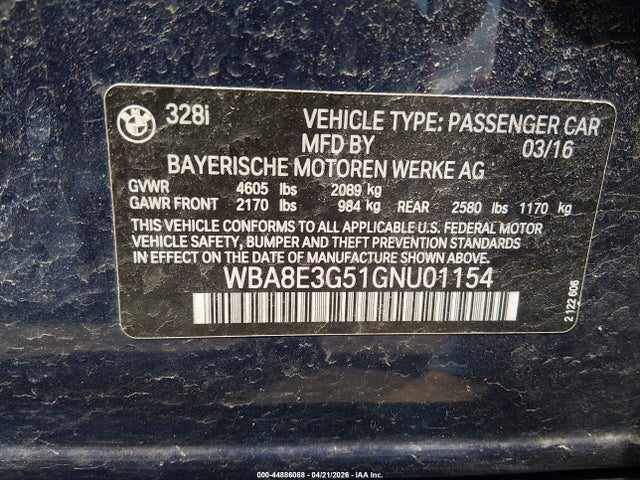 Aukcja sprzedaży 2016 Bmw 328i Xdrive, vin: WBA8E3G51GNU01154, numer aukcji: 44886088