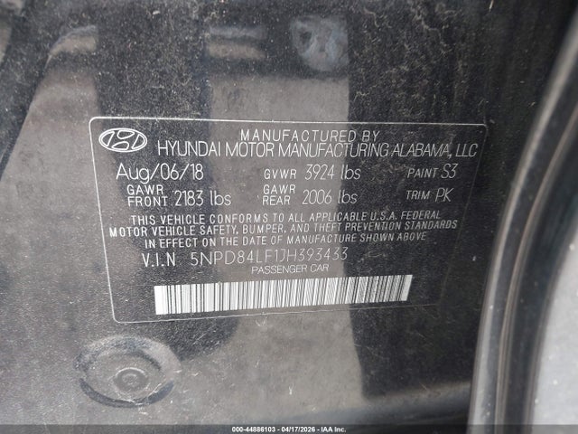 Aukcja sprzedaży 2018 Hyundai Elantra Sel, vin: 5NPD84LF1JH393433, numer aukcji: 44886103