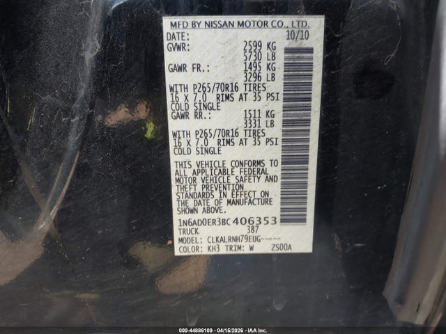 Продаж на аукціоні авто 2011 Nissan Frontier S, vin: 1N6AD0ER3BC406353, номер лоту: 44886109