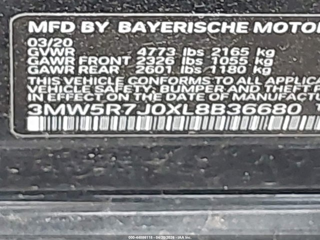 2020 Bmw 330i Xdrive მანქანა იყიდება აუქციონზე, vin: 3MW5R7J0XL8B36680, აუქციონის ნომერი: 44886118
