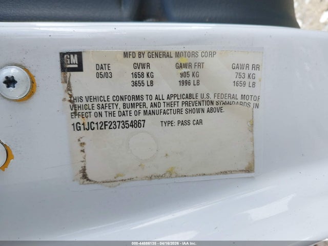 Aukcja sprzedaży 2003 Chevrolet Cavalier, vin: 1G1JC12F237354867, numer aukcji: 44886135