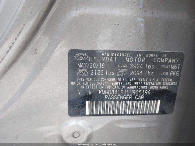 Aukcja sprzedaży 2020 Hyundai Elantra Value Edition, vin: KMHD84LF1LU935196, numer aukcji: 44886137