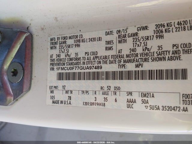 44886140 :رقم المزاد ، 1FMCU0F77GUA97489 vin ، 2016 Ford Escape S مزاد بيع