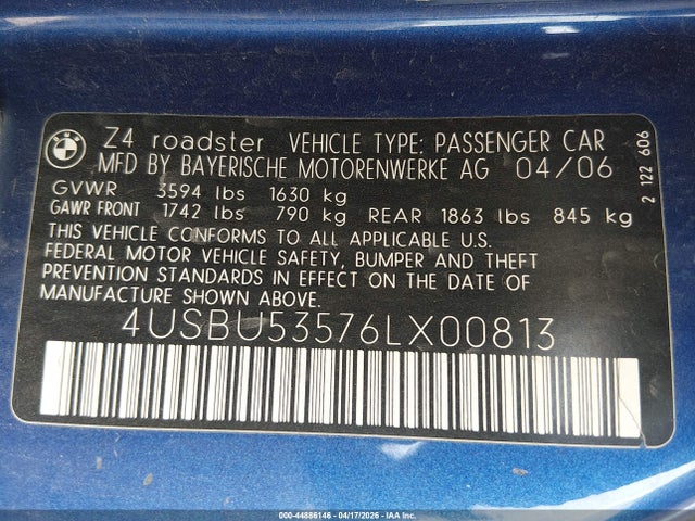 Auction sale of the 2006 Bmw Z4 3.0si, vin: 4USBU53576LX00813, lot number: 44886146