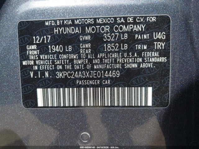 44886148 :رقم المزاد ، 3KPC24A3XJE014469 vin ، 2018 Hyundai Accent Se مزاد بيع