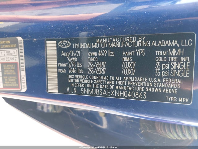 Aukcja sprzedaży 2022 Hyundai Tucson Sel, vin: 5NMJB3AEXNH040863, numer aukcji: 44886149